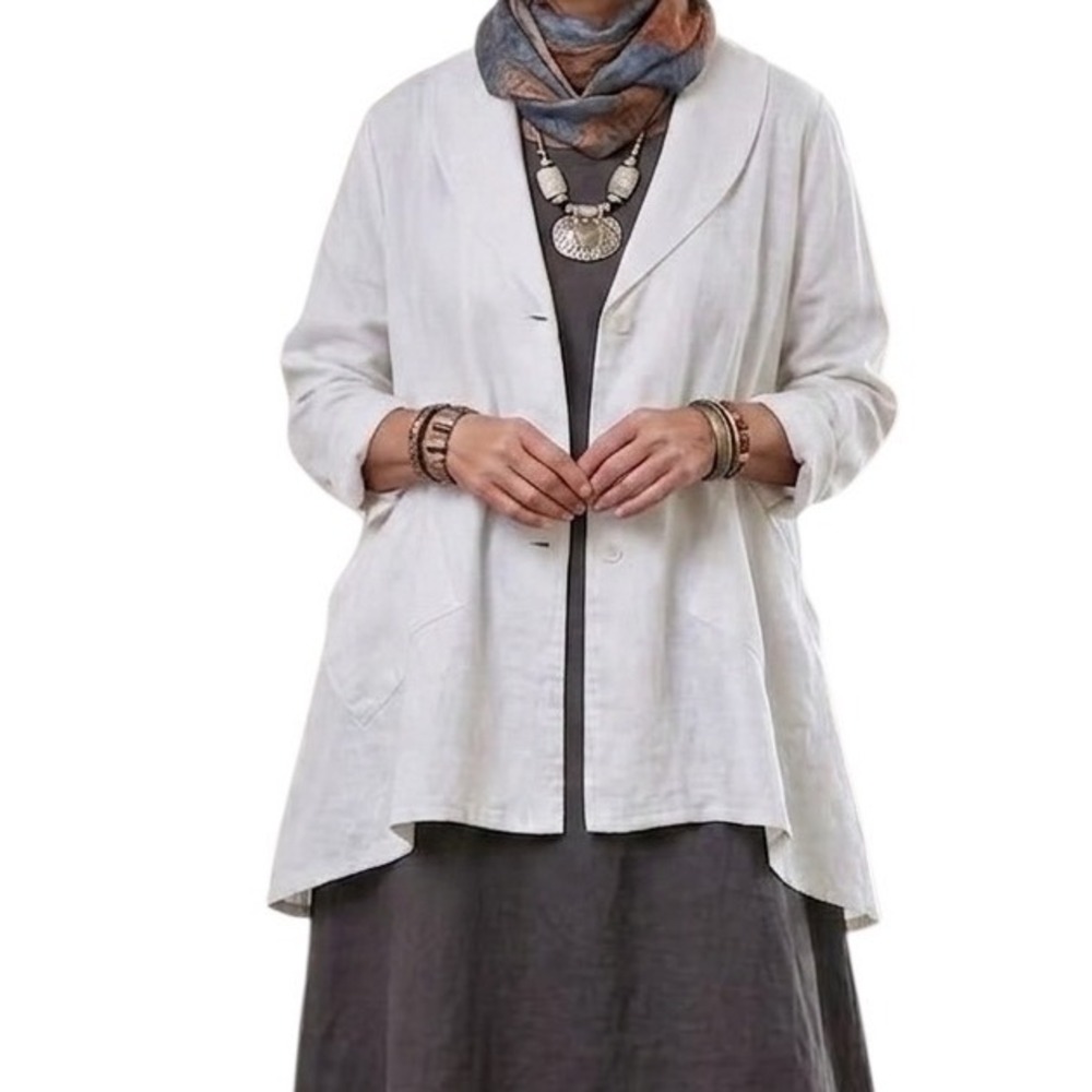 Bryn Walker White 100% Linen‎ Relaxed Shawl Collar Jacket Made in USA Pockets 2X